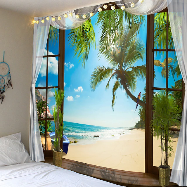 Window Landscape Wall Tapestry Art Decor Blanket Curtain Picnic Tablecloth Hanging Home Bedroom Living Room Dorm Decoration Polyester Sea Ocean Beach Palm 22