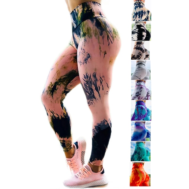 

Women's High Waist Yoga Pants Scrunch Butt Ruched Butt Lifting Tights Leggings Bottoms Tummy Control Butt Lift 4 Way Stretch Tie Dye White Pink Blue Fitness Gym Workout Running