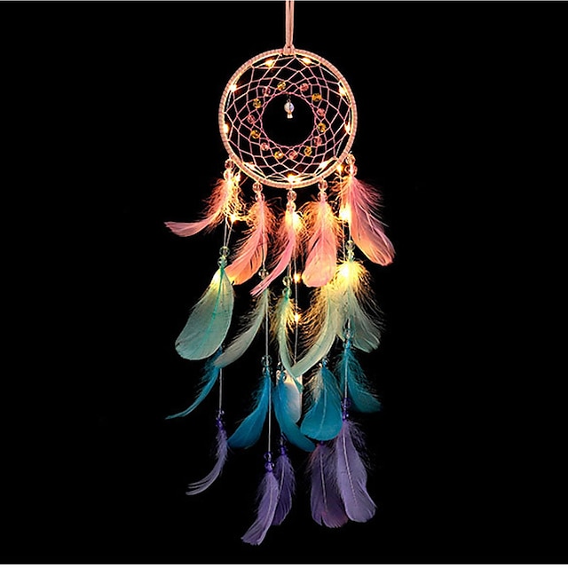  LED coletor de sonhos cores lustre de penas ornamentos presente decoração de parede indiana feita à mão para a decoração da casa do quarto
