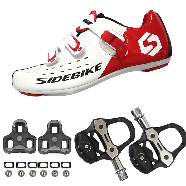  SIDEBIKE Adults' Cycling Shoes With Pedals & Cleats Road Bike Shoes Carbon Fiber Cushioning Cycling Red and White Men's Cycling Shoes / Breathable Mesh