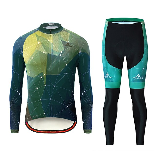  Miloto Men's Long Sleeve Cycling Jersey with Tights Summer Black / Green Funny Bike Clothing Suit Ultraviolet Resistant Breathable Back Pocket Sports Patterned Mountain Bike MTB Road Bike Cycling