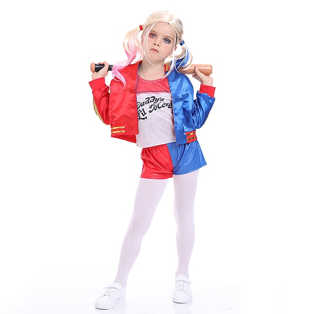  Harley Quinn Clown Jas Broeken T-Shirt Voor meisjes Film cosplay Glimmend Kostuums Blauw Jas Broeken T-shirt Kinderdag Maskerade Polyesteri