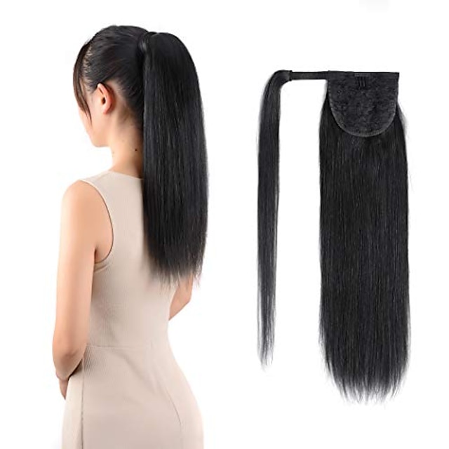  ponytail extensions real human hair clip in 16 inches 65g jet black color straight drawstring warp around ponytail hair piece remy human hair for women