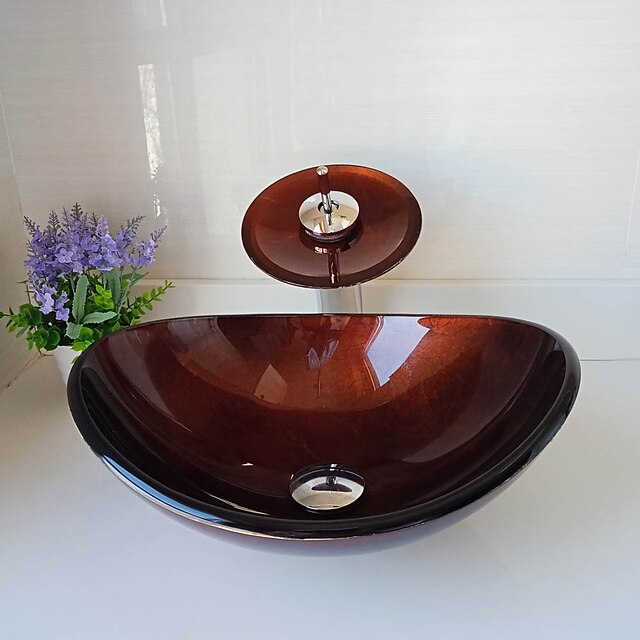  Boat Shape Red Foil Tempered Glass Vessel Sink with Pop - Up Drain and Mounting Ring