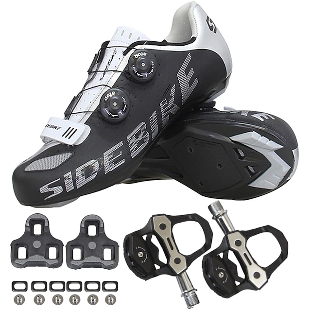  SIDEBIKE Adults' Cycling Shoes With Pedals & Cleats Road Bike Shoes Nylon Breathable Cushioning Cycling Black Men's Cycling Shoes / Breathable Mesh / Forged Microlock Buckle and Strap Adjuster