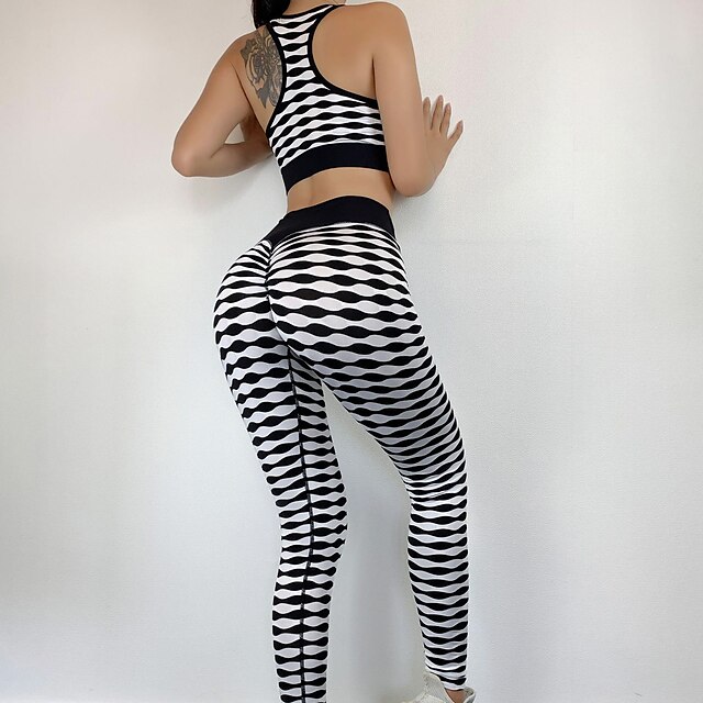  Women's 2pcs Tracksuit Yoga Suit Winter Wirefree Stripes Tights Bra Top Clothing Suit Black+White Nylon Yoga Fitness Gym Workout Tummy Control Butt Lift Quick Dry Sport Activewear High Elasticity