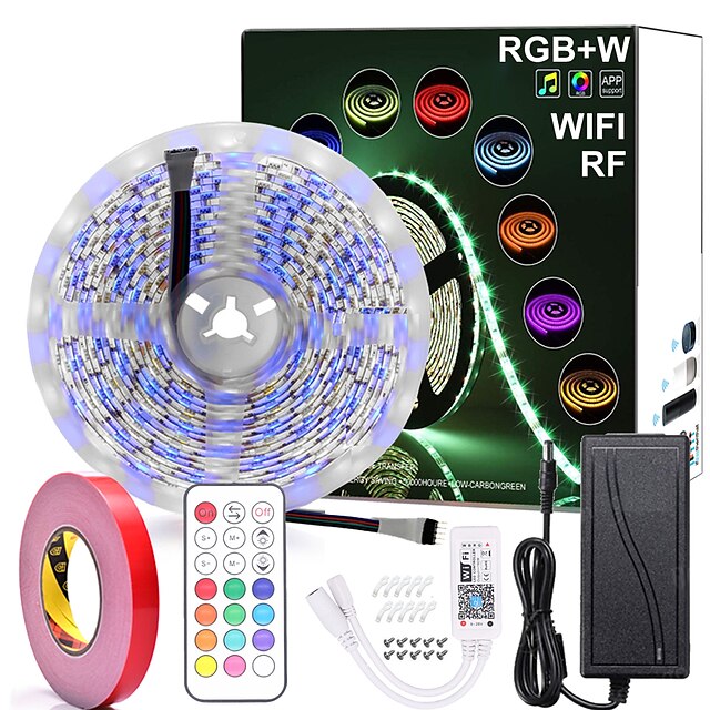  16.4ft  5M RGBW WIFI APP Intelligent Dimming LED Strip Lights 300LEDs SMD 5050  Warm White Plus RGB Light with RF 21 Key Remote Controller or 12V Adapter Kit