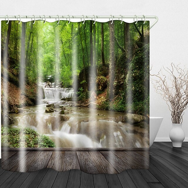 Waterproof Fabric Waterfall Rain Forest Shower Curtain Liner Bathroom Mat Hooks 