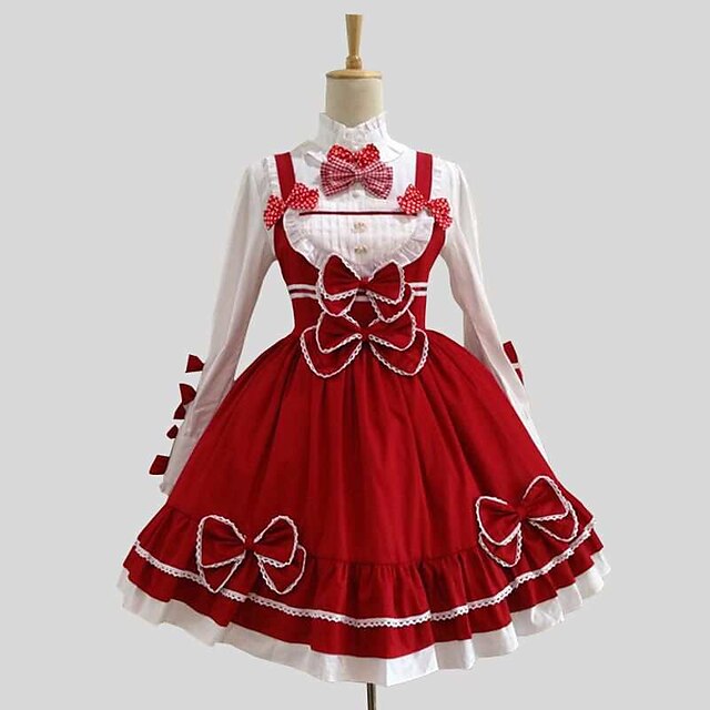  Gosurori Lolita Rococó Vestidos Abrigo Blusa / Falda Mujer Chica Algodón Japonés Disfraces de Cosplay Rojo Un Color Manga Larga Hasta la Rodilla