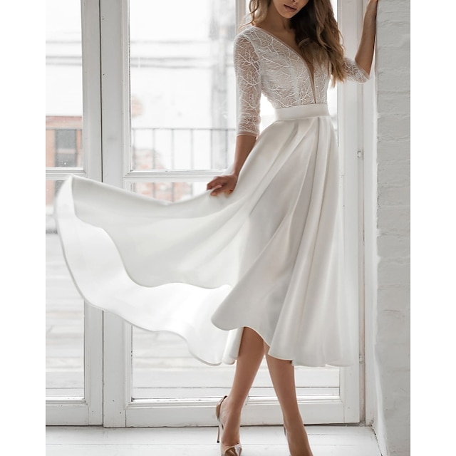  Bridal Shower Little White Dresses Wedding Dresses A-Line V Neck 3/4 Length Sleeve Tea Length Chiffon Bridal Gowns With Solid Color 2024