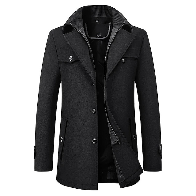 Men's Winter Coat Wool Coat Overcoat Business WorkWear Winter Wool Windproof Warm Outerwear Clothing Apparel Basic Essential Solid Colored Turndown 19