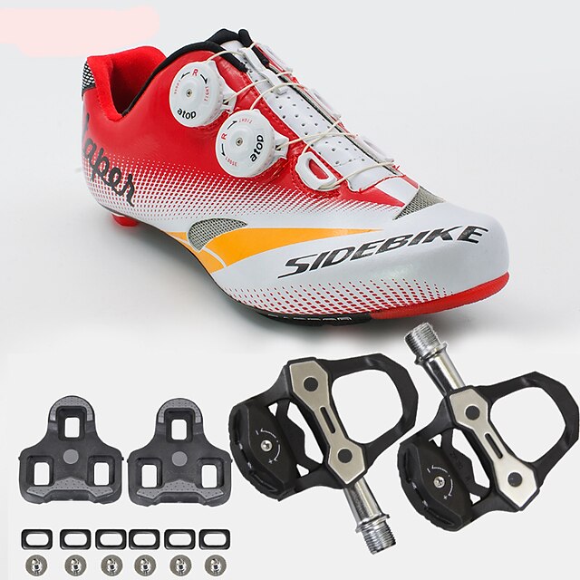  SIDEBIKE Adults' Cycling Shoes With Pedals & Cleats Road Bike Shoes Cycling Shoes Cushioning Cycling / Bike Red / White Men's Women's Cycling Shoes / Peloton Shoes / Breathable Mesh