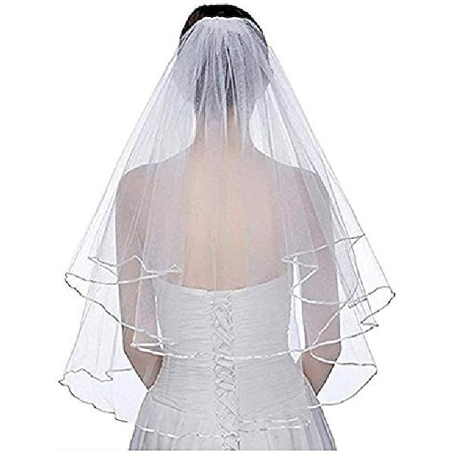  Two Layers Short Bridal Veil With Comb Ribbon Edge White Ivory Bride Wedding Accessories