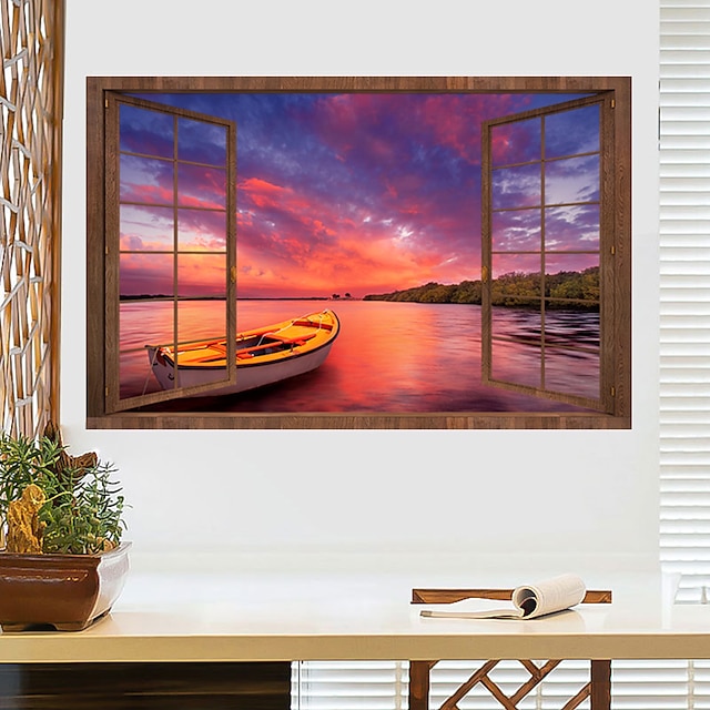 Home & Garden Home Decor | Landscape Sunset Sea Lone Boat Wall Stickers 3D Wall Stickers Decorative Wall Stickers PVC Home Decor