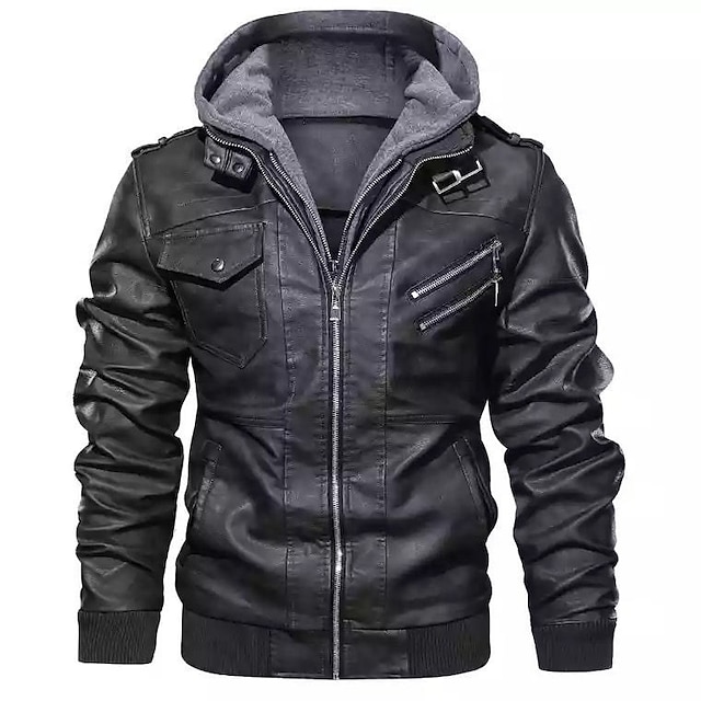 Mens Clothing Mens Outerwear | Mens Faux Leather Jacket Daily Fall & Winter Regular Coat Stand Collar Hooded Regular Fit Jacket 