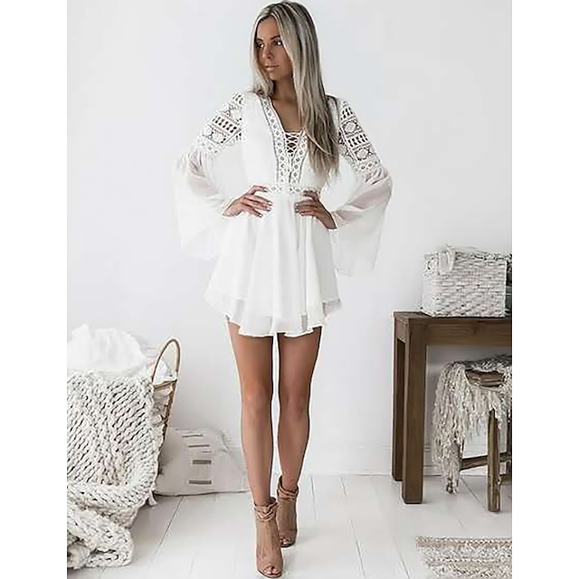 Women Long Sleeve Holiday Long Dress Lace Patchwork Solid Flare Shirt Dress Plus