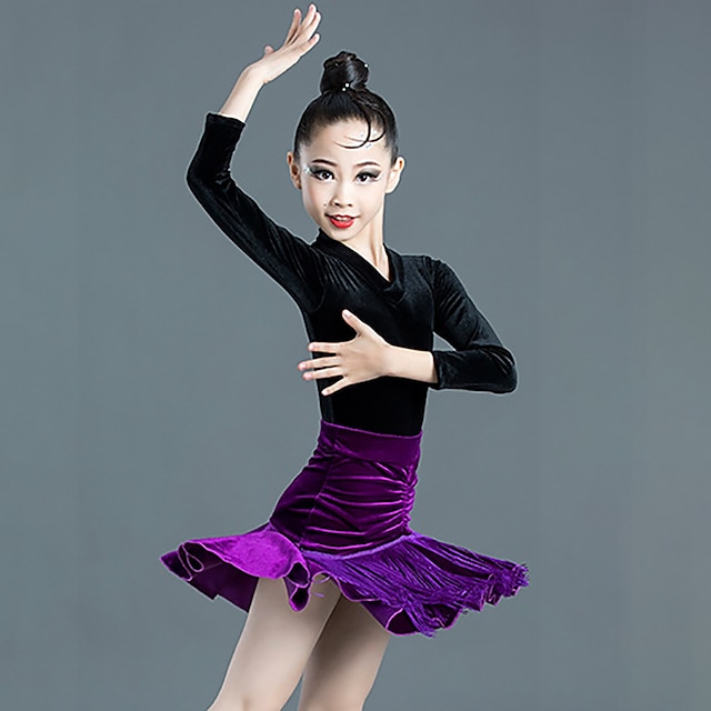  Kids' Dancewear Skirts Side Draping Ruching Gore Girls' Performance Training Long Sleeve Polyester Velvet