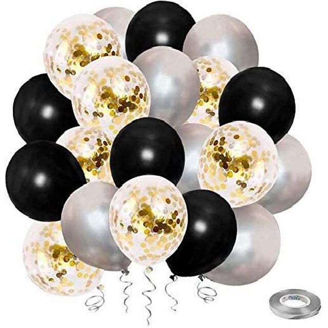  black and gold confetti balloons, 50 pack 12inch latex gold balloons party balloon set with gold ribbon for graduation wedding birthday decorations