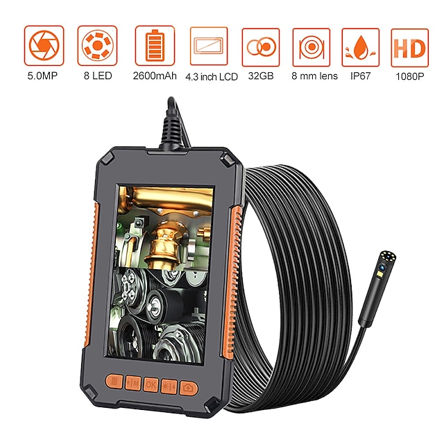  5m Endoscope Camera 1080P 8mm HD 4.3'' Screen Professional Dual Lens Inspection Camera Handheld Snake Camera with 8 LED IP68 Waterproof 5M