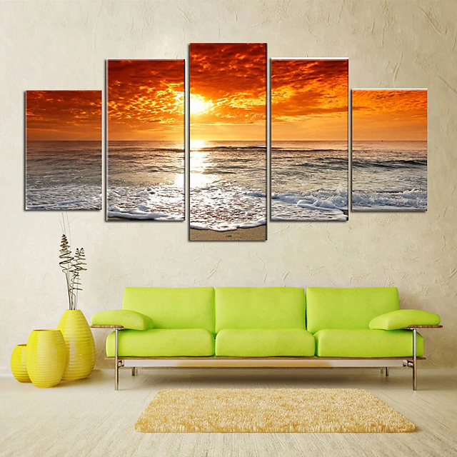 5 Panels Landscape Prints Posters/Picture Beach Blue Sea Sunset Modern ...