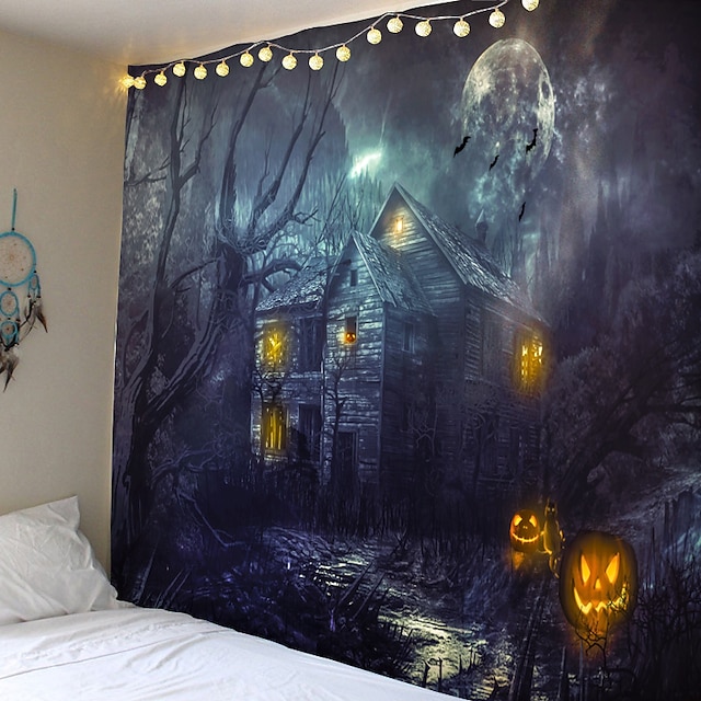  Halloween Decorations Holiday Wall Tapestry Art Decor Blanket Curtain Picnic Tablecloth Hanging Home Bedroom Living Room Dorm Decoration Psychedelic Pumpkin Haunted Scary House