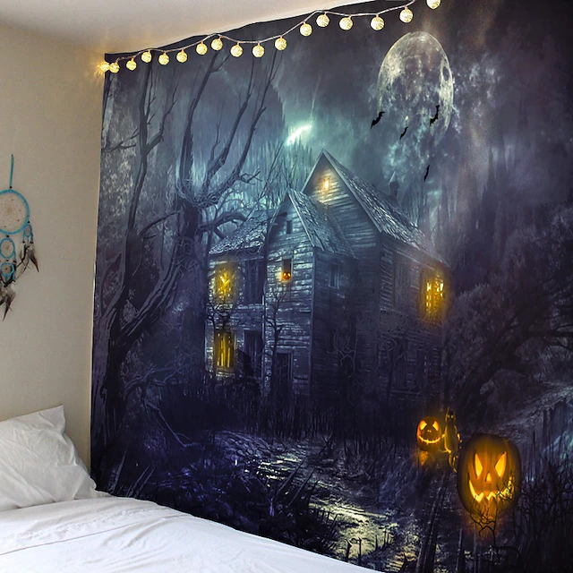 Halloween Decorations Tapestry Jack O Lantern Pumpkin Decor Wall Art Large Hanging Tapestry Mural Decor Photograph Backdrop Blanket Curtain Home Bedroom Living Room Bat Haunted House Graveyard 21