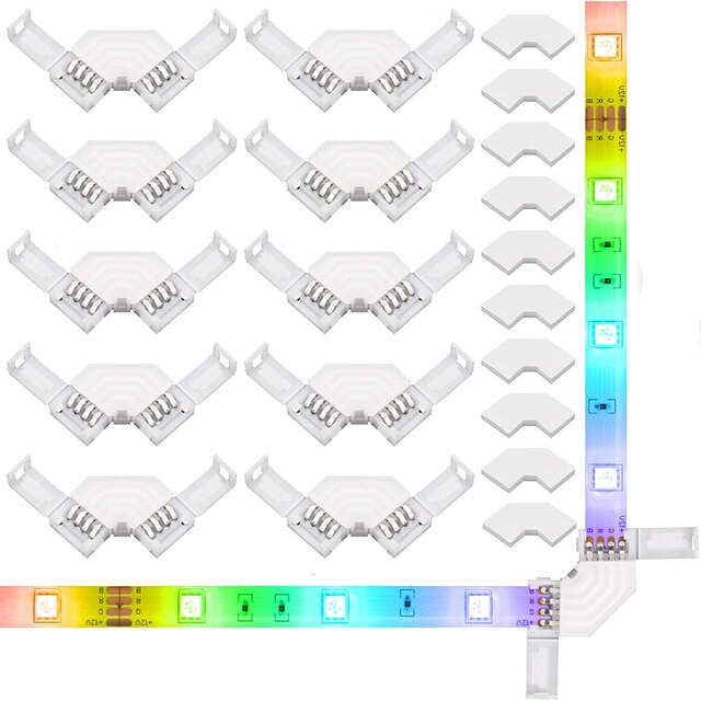  4stk 10stk l form 4pin led strip stik med dobbeltsidet tape nyt design 90 graders vinkel hjørne stik til 10 mm bred fleksibel rgb led strip lys dc5-24v