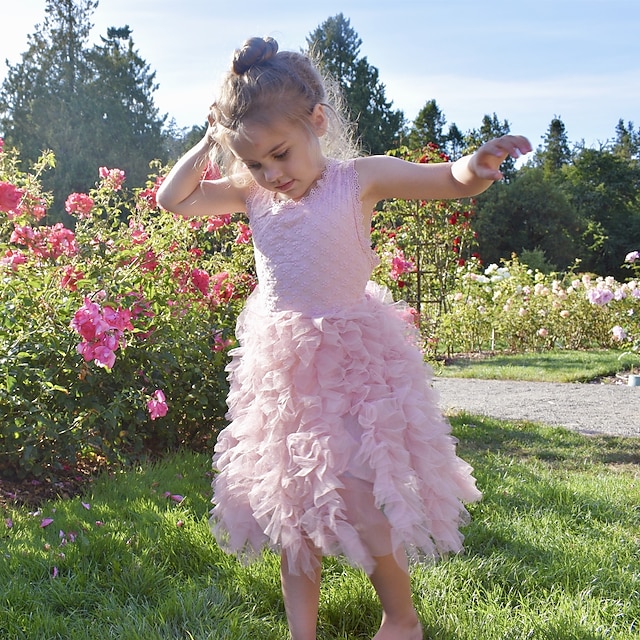  子供 幼児 女の子 ドレス ソリッド フラワー ノースリーブ 誕生日 レース フリル 活発的 かわいいスタイル コットン レース チュール ミディ ホワイト ピンク