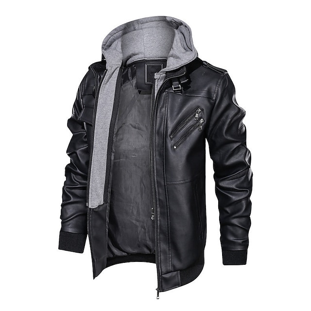 Mens Clothing Mens Outerwear | Mens Faux Leather Jacket Daily Fall & Winter Regular Coat Stand Collar Hooded Regular Fit Jacket 