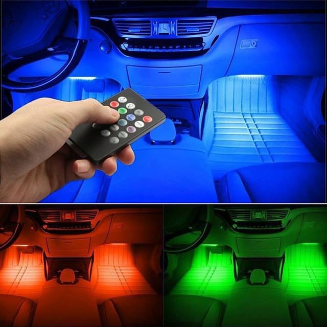  4 Stück Auto-RGB-LED-Innenstreifenleuchten, Auto-Styling, dekoratives Licht mit Musik-Sound, Fernbedienung, Atmosphärenlampen unter dem Armaturenbrett, Fußlampe, USB/Auto-Stecker, Ladegerät 12 V/5 V