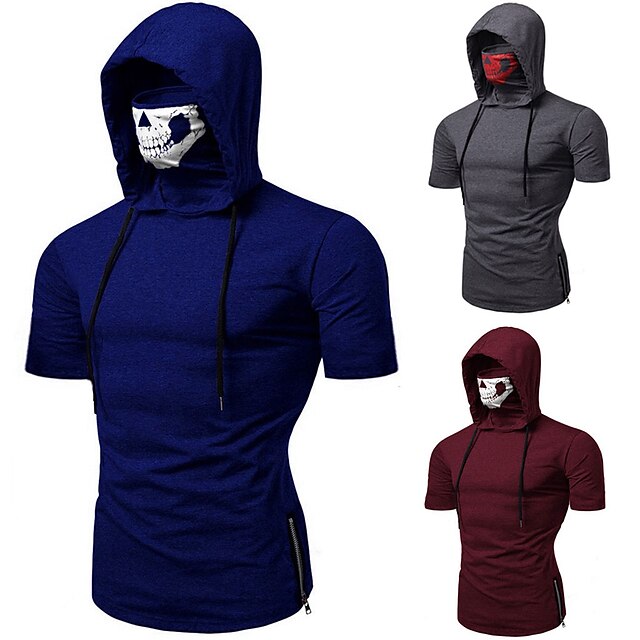  Men's Short Sleeve Hoodie with Mask Running Shirt Top Street Athleisure Summer Cotton Thermal Warm Breathable Soft Running Jogging Training Sportswear Solid Colored Normal Black Burgundy Dark Gray