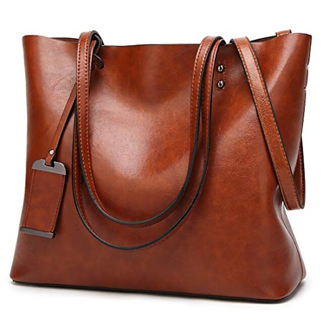  Tote Handbag for Women PU Leather Shoulder Bag Satchel for Girls school work & shopping, brown large