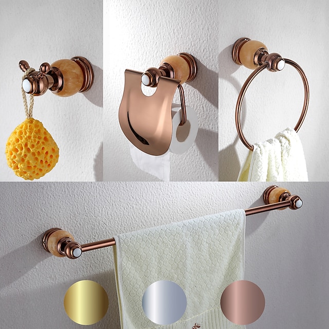  4 Pcs Bathroom Hardware Accessory Set Include Towel Bar Toilet Paper Holder Robe Hook Towel Ring and Toilet Brush with Brass and Stainless Steel Wall Mounted
