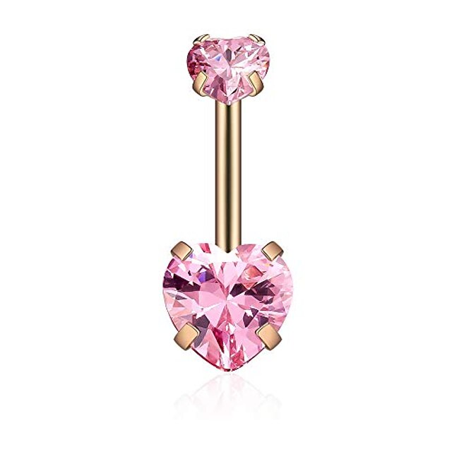  love belly button rings double heart zircon 14g 316l stainless steel navel ring cz belly rings piercing jewelry (pink+rose gold)