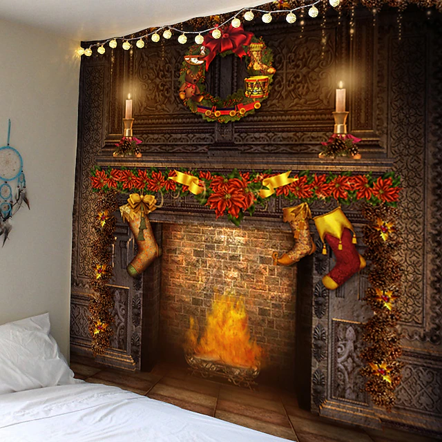 Christmas Decorations Santa Claus Christmas Tree Holiday Party Xmas Large Wall Tapestry Art Decor Photo Background Backdrop Blanket Hanging Home Bedroom Living Room Fireplace Stocking Gift Polyester 16