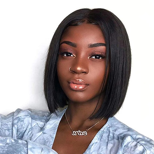 Synthetic Wig kinky Straight Bob Middle Part Wig Short Black Synthetic ...