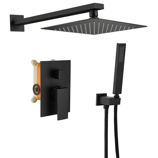 Concealed Shower Faucet Combo Set Black, 8"/10"/12"Ultra Thin Top Head Shower System Mixer Rough In Valve Rainfall High Pressure Head with Handheld, Wall Monted Tub and Shower Trim Kit Bathroom Bath 8