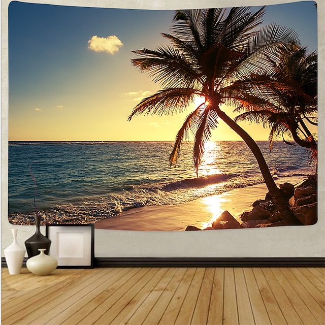  Wall Tapestry Art Deco Blanket Curtain Picnic Table Cloth Hanging Home Bedroom Living Room Dormitory Decoration Polyester Fiber Beach Series Coconut Tree White Cloud Sunset Glow Sunset Tide