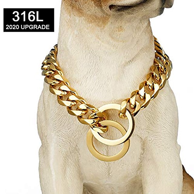  gold chain dog collar 15mm cuban link dog chain for pitbull choke collar metal stainless steel heavy duty slip dog collars(15mm, 22