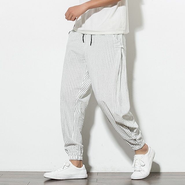  Men's Trousers Summer Pants Beach Pants Drawstring Stripe Striped Comfort Breathable Ankle-Length Home Daily Cotton Blend Chinoiserie Slim Black White Micro-elastic