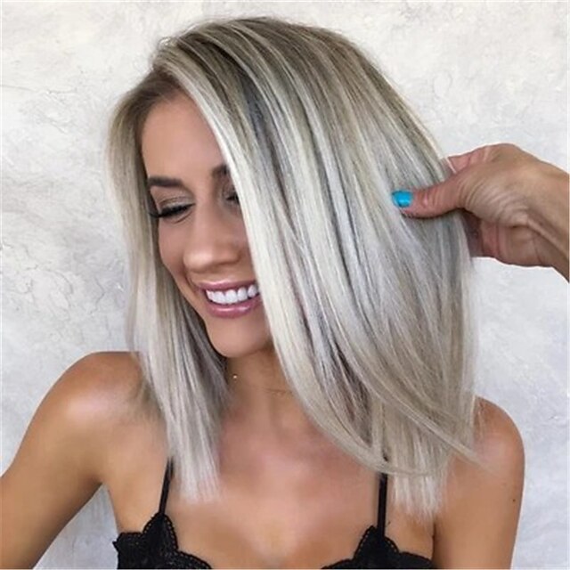 Blonde Wigs for Women Heat Resistant Synthetic Wig Straight Middle Part Wig Short Silver Grey Heat Resistant Synthetic Hair Women's Classic Ombre Hair 14 Inch Christmas Party Wigs4