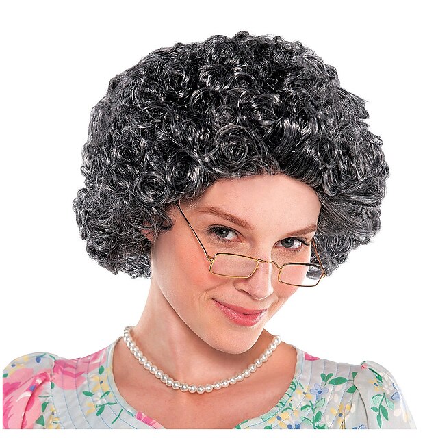  100th day of school costume Grey Wig Old Lady Wig Cosplay Wig Grandma Curly Layered Haircut Wig Short Black Synthetic Hair Women‘S Cosplay Classic Black