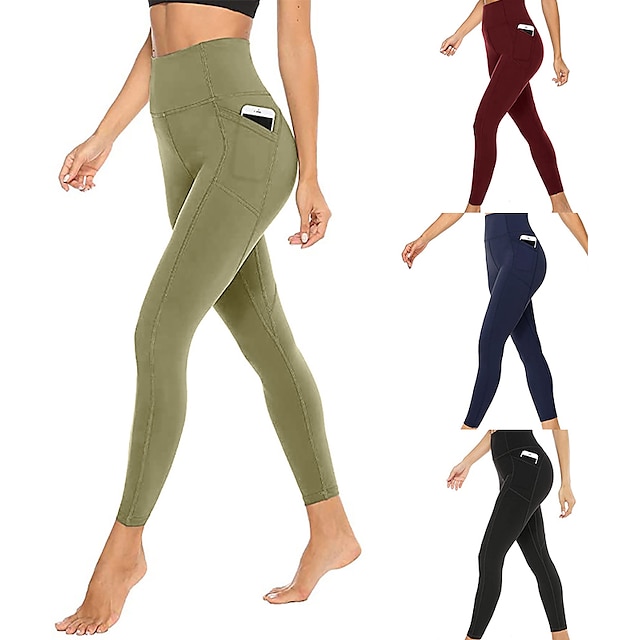  Women's Running Tights Leggings Compression Tights Leggings Winter Bottoms Solid Color Tummy Control Butt Lift with Phone Pocket Black Green Burgundy / Stretchy / Athletic / Athleisure / Skinny