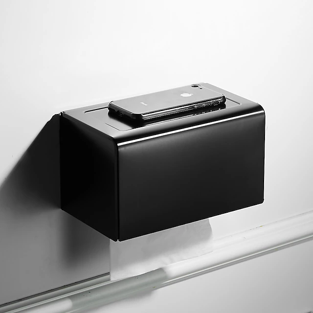 Black Toilet Paper Holder Space Aluminum Waterproof Tissue Box Punched Shelf Wall Mount Tissue Holder New Design 12
