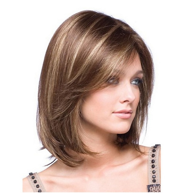  Synthetic Wig Straight kinky Straight Asymmetrical Wig Short Light Brown Synthetic Hair 14 inch Women's Fashionable Design Adorable Comfortable Light Brown