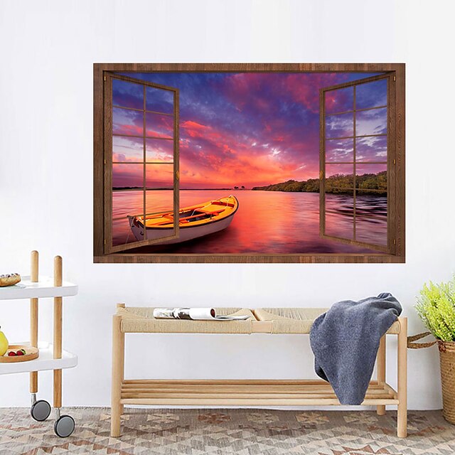 Home & Garden Home Decor | Landscape Sunset Sea Lone Boat Wall Stickers 3D Wall Stickers Decorative Wall Stickers PVC Home Decor