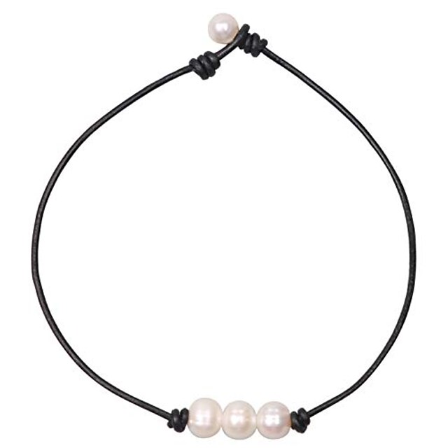  women white 3 cultured freshwater pearls choker necklace on genuine leather cord knotted jewelry-black 18