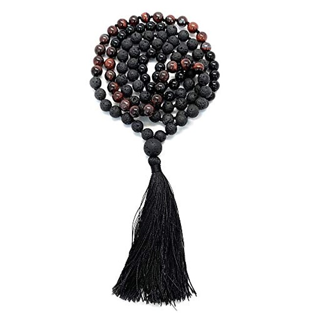  108 bead mala necklace & bracelet with tassel 8mm stone beads - strand 108 beads necklace for mindfulness & yoga (red tiger eye + lava stone)