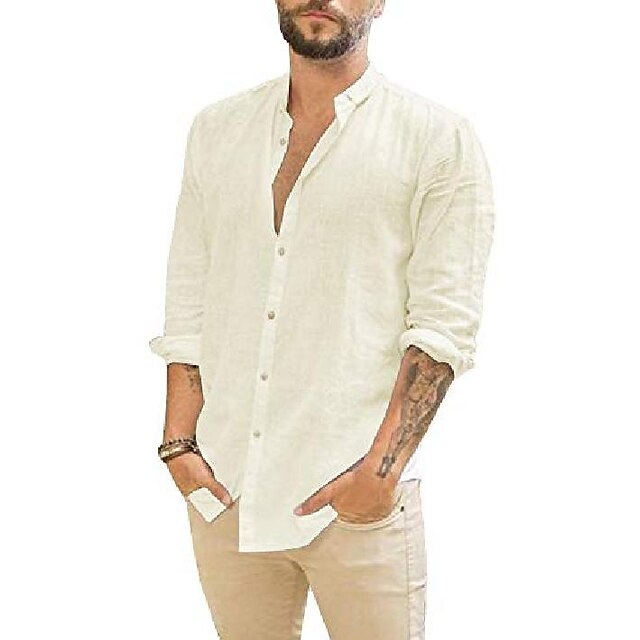 X-Future Mens Summer Solid Color Cotton Linen Stand Collar Short Sleeve Dress Henley Shirts