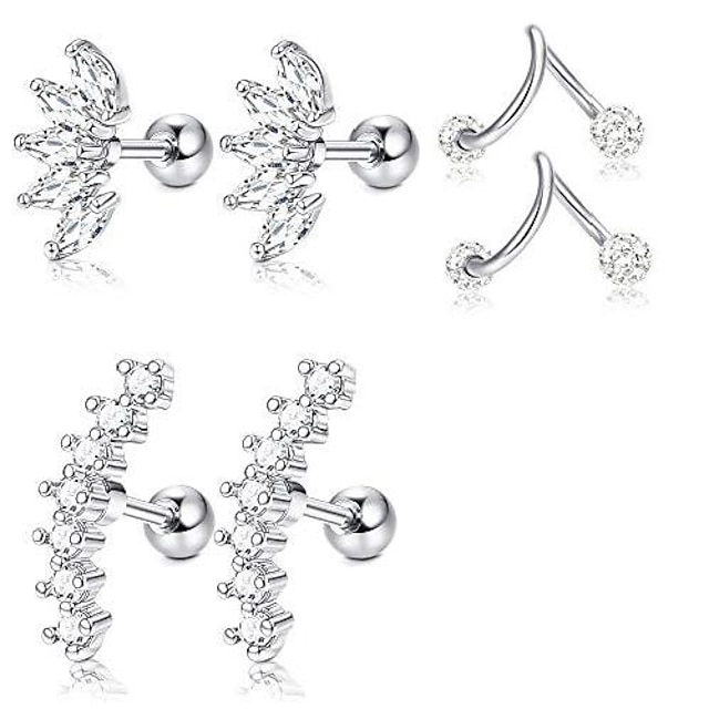  3 pairs stainless steel silver ear cartilage earrings for women girls tragus helix earring cute conch flat back piercing jewelry 16g